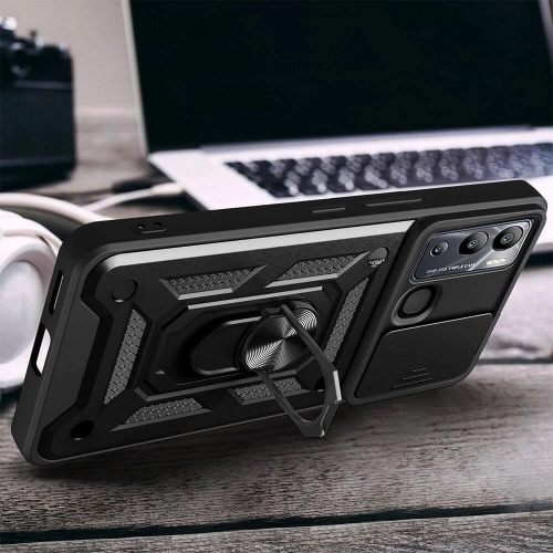 İnfinix Hot 20i Kılıf Zırhlı Standlı Silikon Sürgülü Kamera Korumalı Tank Kapak - Siyah