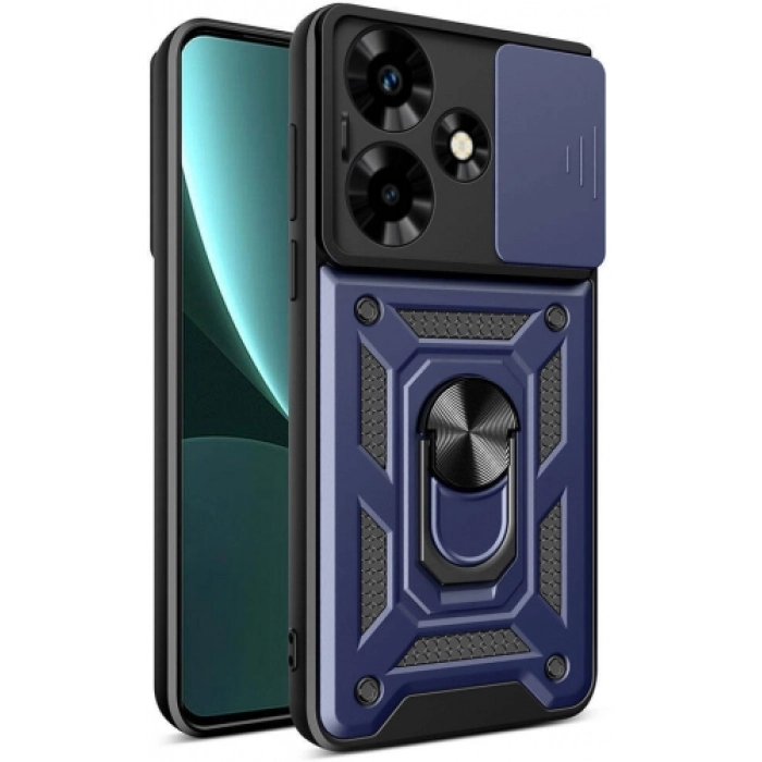 İnfinix Hot 30 Kılıf Zırhlı Standlı Silikon Sürgülü Kamera Korumalı Tank Kapak - Mavi