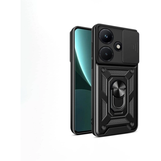 İnfinix Hot 30i Kılıf Zırhlı Standlı Silikon Sürgülü Kamera Korumalı Tank Kapak - Siyah