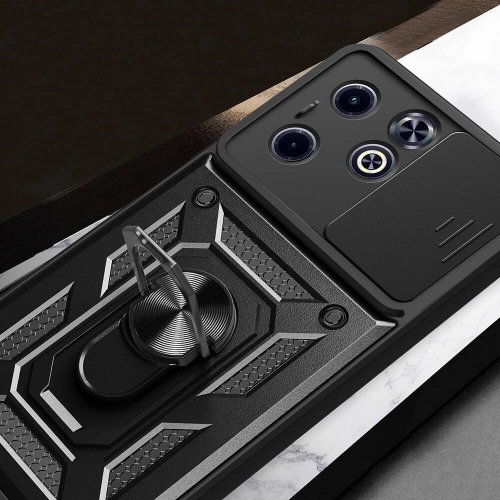 Infinix Hot 40i Kılıf Zırhlı Standlı Silikon Sürgülü Kamera Korumalı Tank Kapak - Mavi