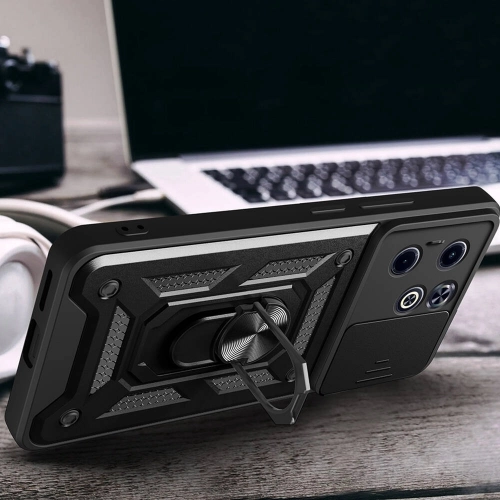 Infinix Hot 40i Kılıf Zırhlı Standlı Silikon Sürgülü Kamera Korumalı Tank Kapak - Siyah