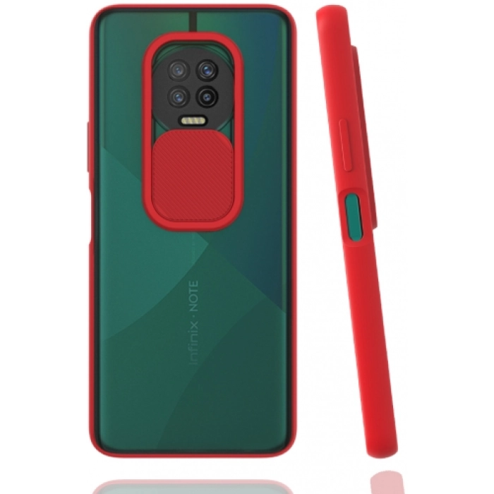 Infinix Note 7 Kılıf Silikon Sürgülü Lens Korumalı Buzlu Şeffaf - Kırmızı