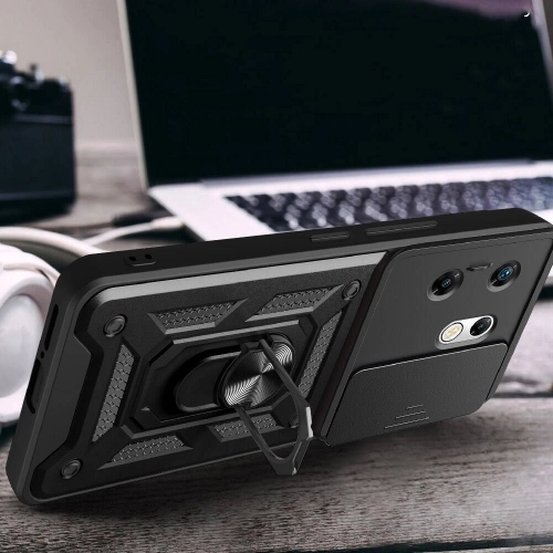 Infinix Zero 30 4G Kılıf Zırhlı Standlı Silikon Sürgülü Kamera Korumalı Tank Kapak - Siyah