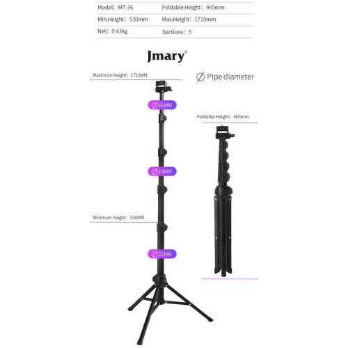 Jmary MT-36 Tripod 171 cm 360 Derece Dönebilen Başlık 4 Kademeli Yükselik Ayarı - Siyah