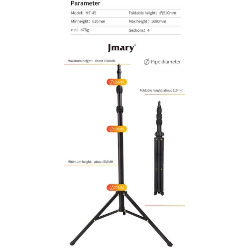 Jmary MT-45 Tripod 168 cm 360 Derece Dönebilen Başlık 3 Kademeli Yükseklik Ayarı - Siyah