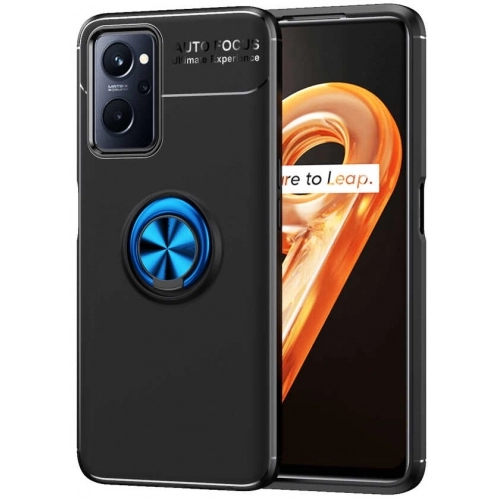 Oppo A96 4G Kılıf Renkli Silikon Yüzüklü Standlı Auto Focus Ravel Kapak - Mavi - Siyah