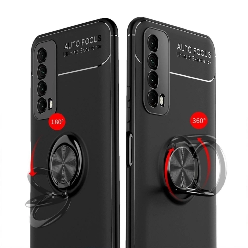 Huawei P Smart 2021 Kılıf Renkli Silikon Yüzüklü Standlı Auto Focus Ravel Kapak - Kırmızı - Siyah