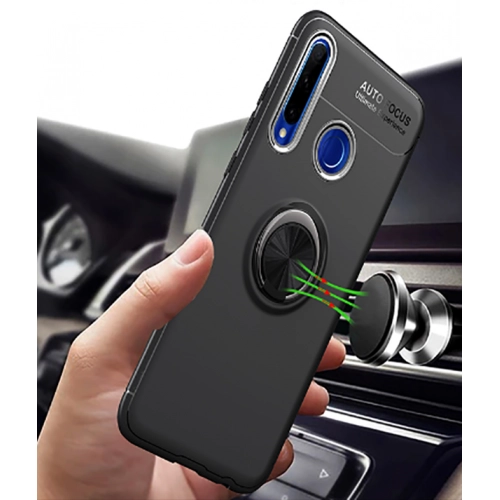 Huawei P40 Lite E Kılıf Renkli Silikon Yüzüklü Standlı Auto Focus Ravel Kapak - Mavi - Siyah