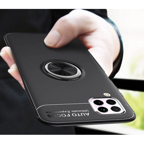 Huawei P40 Lite Kılıf Renkli Silikon Yüzüklü Standlı Auto Focus Ravel Kapak - Kırmızı - Siyah