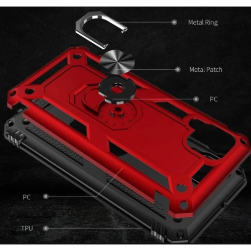 Huawei P40 Lite Kılıf Silikon Zırhlı Standlı Yüzüklü Mıknatıslı Tank Kapak - Kırmızı