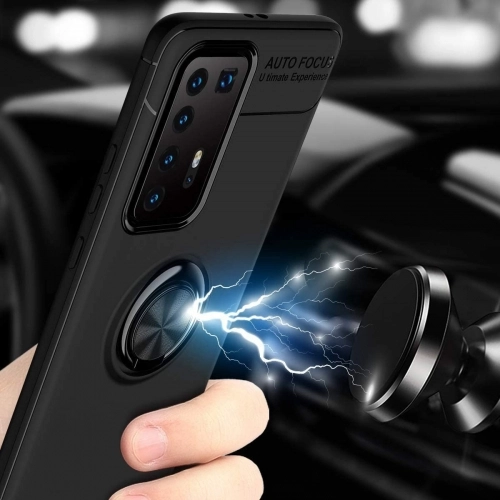 Huawei P40 Pro Kılıf Renkli Silikon Yüzüklü Standlı Auto Focus Ravel Kapak - Kırmızı - Siyah
