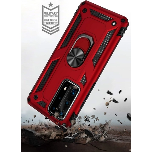 Huawei P40 Pro Kılıf Silikon Zırhlı Standlı Yüzüklü Mıknatıslı Tank Kapak - Siyah