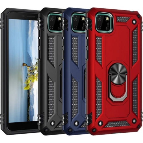 Huawei Y5p Kılıf Silikon Zırhlı Standlı Yüzüklü Mıknatıslı Tank Kapak - Kırmızı