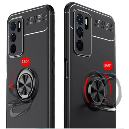 Oppo A16 Kılıf Renkli Silikon Yüzüklü Standlı Auto Focus Ravel Kapak - Kırmızı - Siyah
