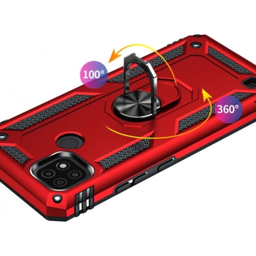 Oppo A16 Kılıf Silikon Zırhlı Standlı Yüzüklü Mıknatıslı Tank Kapak - Kırmızı