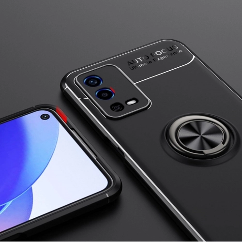Oppo A55 4G Kılıf Renkli Silikon Yüzüklü Standlı Auto Focus Ravel Kapak - Kırmızı - Siyah