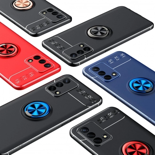 Oppo A74 Kılıf Renkli Silikon Yüzüklü Standlı Auto Focus Ravel Kapak - Mavi - Siyah