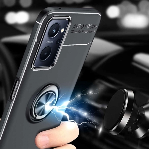 Oppo A96 4G Kılıf Renkli Silikon Yüzüklü Standlı Auto Focus Ravel Kapak - Kırmızı - Siyah