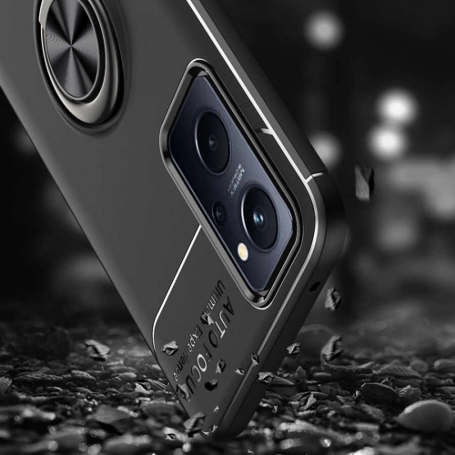 Oppo A96 4G Kılıf Renkli Silikon Yüzüklü Standlı Auto Focus Ravel Kapak - Kırmızı - Siyah