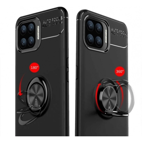 Oppo Reno 4 Lite Kılıf Renkli Silikon Yüzüklü Standlı Auto Focus Ravel Kapak - Kırmızı - Siyah