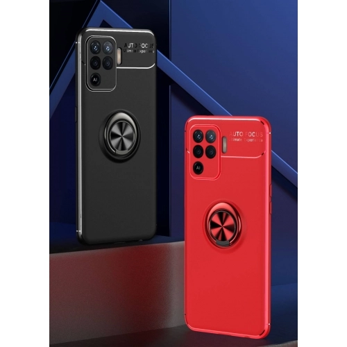 Oppo Reno 5 Lite Kılıf Renkli Silikon Yüzüklü Standlı Auto Focus Ravel Kapak - Kırmızı