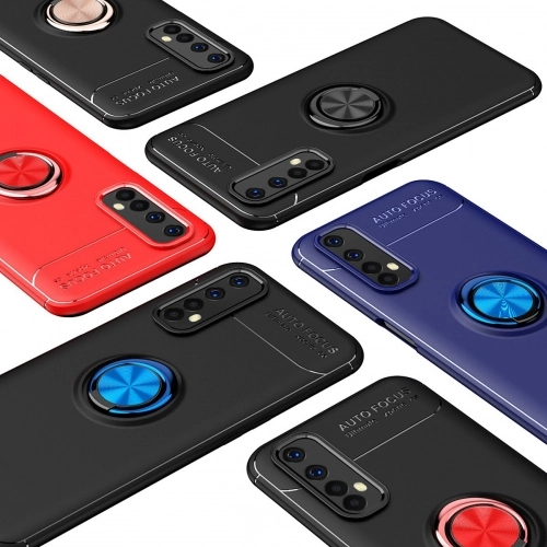 Realme 7 Kılıf Renkli Silikon Yüzüklü Standlı Auto Focus Ravel Kapak - Rose Gold