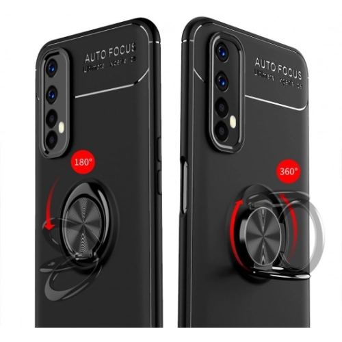 Realme 7 Kılıf Renkli Silikon Yüzüklü Standlı Auto Focus Ravel Kapak - Kırmızı - Siyah