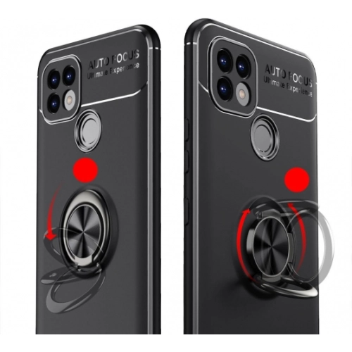 Realme C21 Kılıf Renkli Silikon Yüzüklü Standlı Auto Focus Ravel Kapak - Kırmızı - Siyah