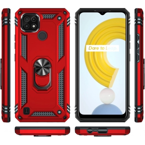 Realme C21 Kılıf Silikon Zırhlı Standlı Yüzüklü Mıknatıslı Tank Kapak - Gümüş