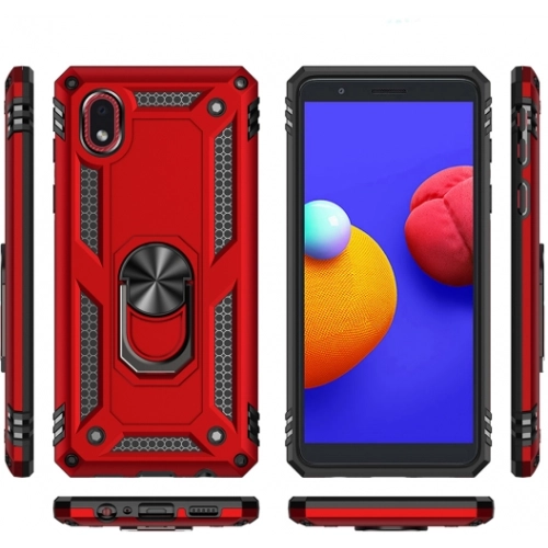Samsung Galaxy A01 Core Kılıf Silikon Zırhlı Standlı Yüzüklü Mıknatıslı Tank Kapak - Kırmızı