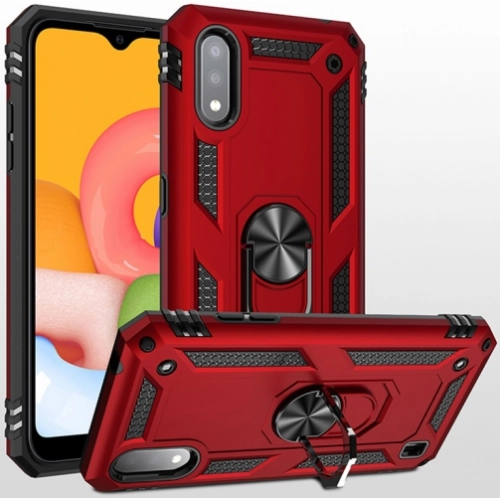 Samsung Galaxy A01 Kılıf Silikon Zırhlı Standlı Yüzüklü Mıknatıslı Tank Kapak - Kırmızı