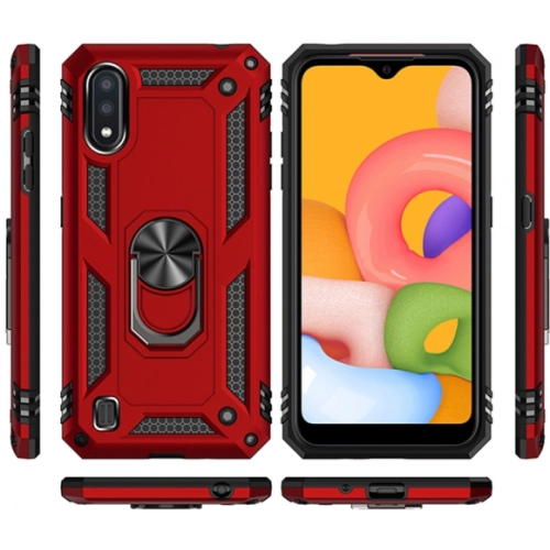 Samsung Galaxy A01 Kılıf Silikon Zırhlı Standlı Yüzüklü Mıknatıslı Tank Kapak - Kırmızı