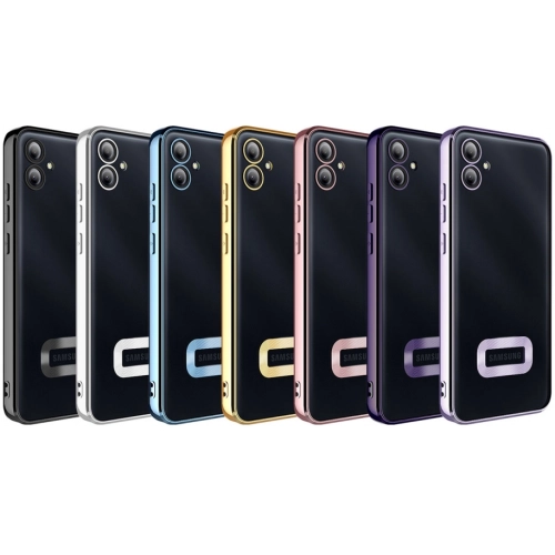 Samsung Galaxy A04e Kılıf Kamera Lens Korumalı Şeffaf Renkli Logo Gösteren Parlak Kapak - Gold