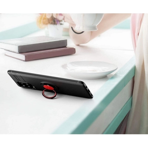 Samsung Galaxy A12 Kılıf Renkli Silikon Yüzüklü Standlı Auto Focus Ravel Kapak - Mavi - Siyah