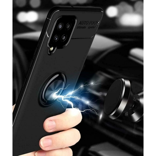 Samsung Galaxy A12 Kılıf Renkli Silikon Yüzüklü Standlı Auto Focus Ravel Kapak - Kırmızı - Siyah