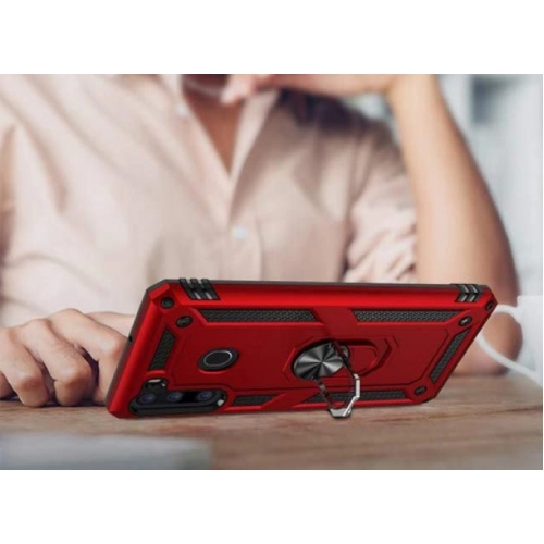 Samsung Galaxy A21 Kılıf Silikon Zırhlı Standlı Yüzüklü Mıknatıslı Tank Kapak - Gri