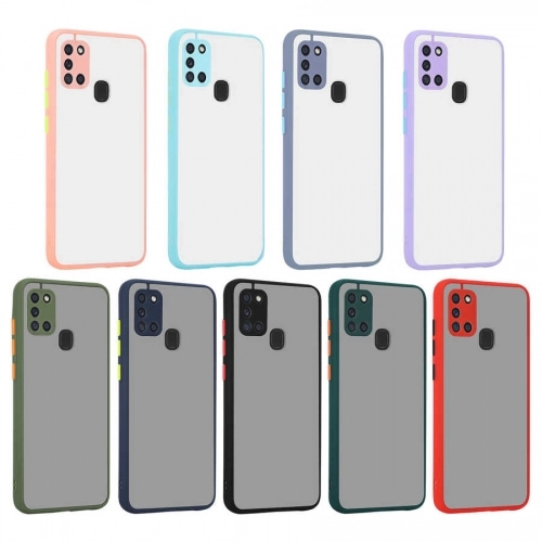 Samsung Galaxy A21s Kılıf Kamera Korumalı Arkası Şeffaf Mat Silikon Kapak - Mor