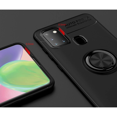 Samsung Galaxy A31 Kılıf Renkli Silikon Yüzüklü Standlı Auto Focus Ravel Kapak - Kırmızı - Siyah