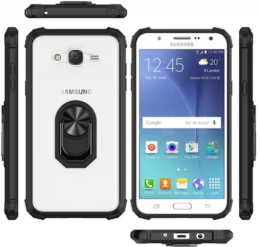 Samsung Galaxy J7 Kılıf Standlı Arkası Şeffaf Kenarları Airbag Kapak - Siyah