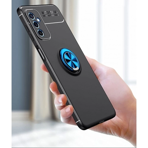 Samsung Galaxy M52 Kılıf Renkli Silikon Yüzüklü Standlı Auto Focus Ravel Kapak - Mavi - Siyah
