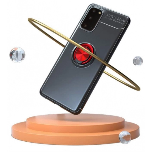 Samsung Galaxy S20 Kılıf Renkli Silikon Yüzüklü Standlı Auto Focus Ravel Kapak - Kırmızı - Siyah