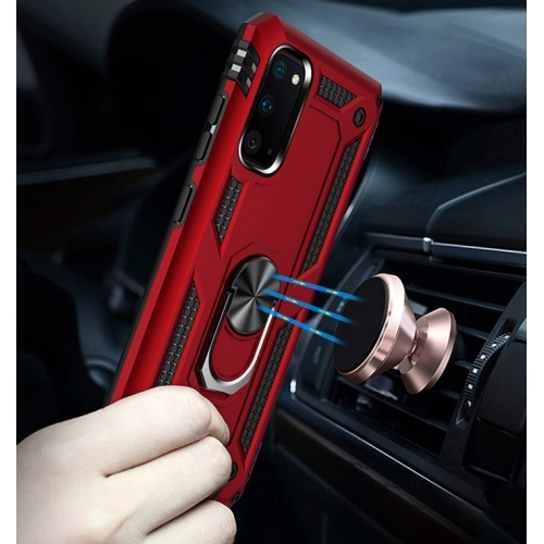 Samsung Galaxy S20 Kılıf Silikon Zırhlı Standlı Yüzüklü Mıknatıslı Tank Kapak - Rose Gold