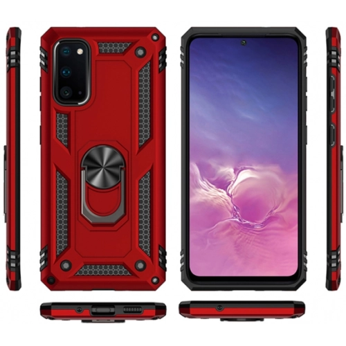 Samsung Galaxy S20 Kılıf Silikon Zırhlı Standlı Yüzüklü Mıknatıslı Tank Kapak - Kırmızı