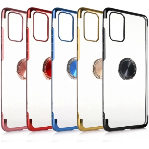 Samsung Galaxy S20 Plus Kılıf Renkli Köşeli Yüzüklü Standlı Lazer Şeffaf Esnek Silikon - Gold