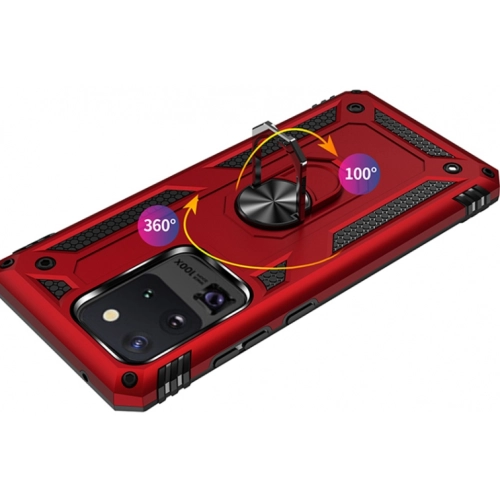 Samsung Galaxy S20 Ultra Kılıf Silikon Zırhlı Standlı Yüzüklü Mıknatıslı Tank Kapak - Kırmızı