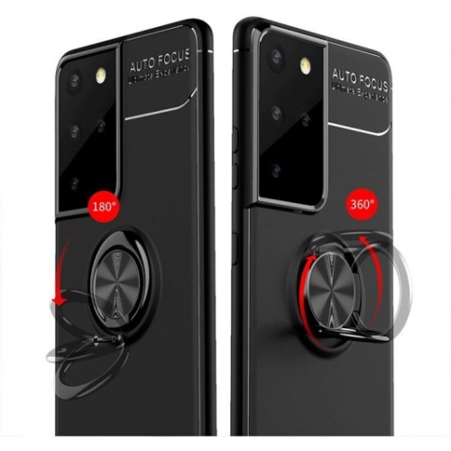 Samsung Galaxy S21 Ultra Kılıf Renkli Silikon Yüzüklü Standlı Auto Focus Ravel Kapak - Mavi - Siyah