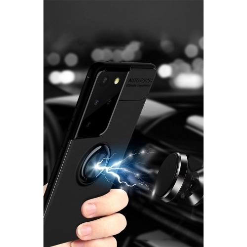 Samsung Galaxy S21 Ultra Kılıf Renkli Silikon Yüzüklü Standlı Auto Focus Ravel Kapak - Kırmızı - Siyah