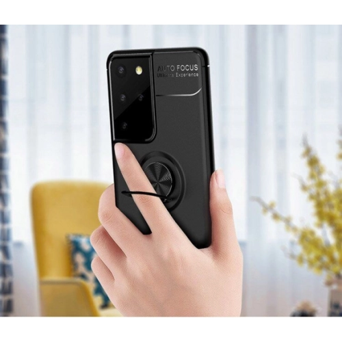 Samsung Galaxy S21 Ultra Kılıf Renkli Silikon Yüzüklü Standlı Auto Focus Ravel Kapak - Mavi