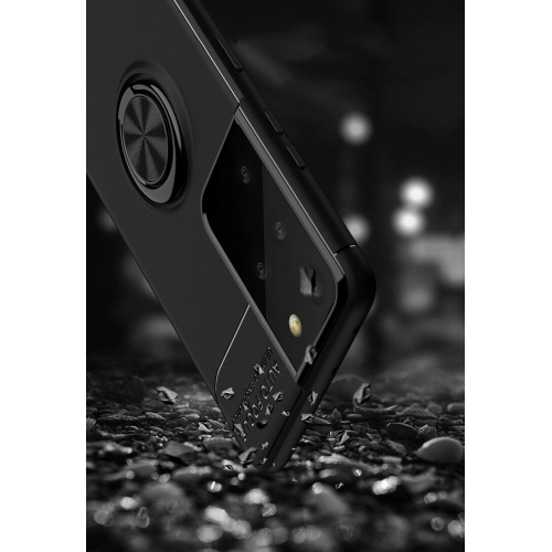 Samsung Galaxy S21 Ultra Kılıf Renkli Silikon Yüzüklü Standlı Auto Focus Ravel Kapak - Kırmızı - Siyah