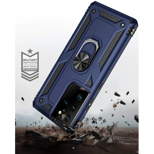 Samsung Galaxy S21 Ultra Kılıf Silikon Zırhlı Standlı Yüzüklü Mıknatıslı Tank Kapak - Kırmızı